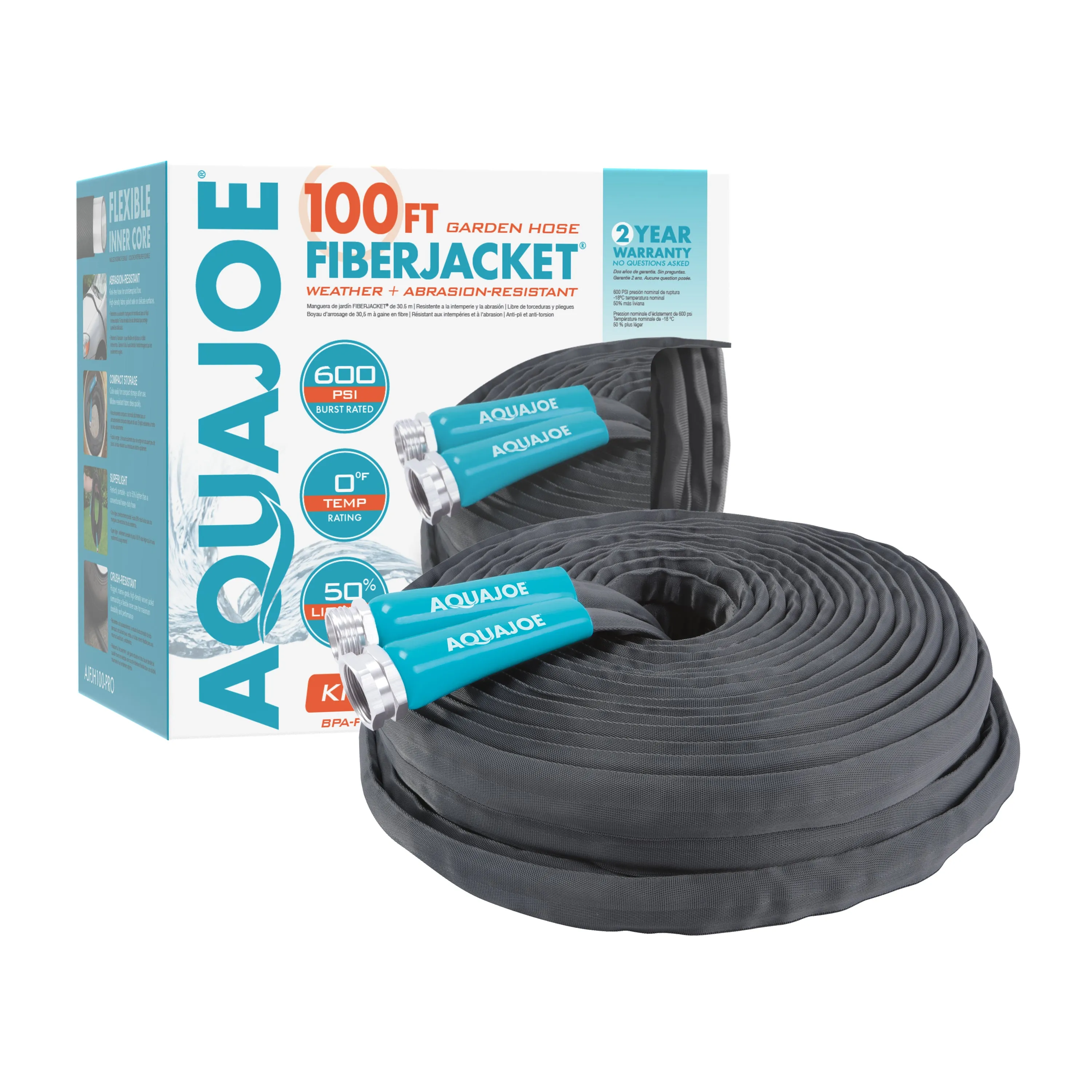 Aqua Joe AJFJH100-PRO Ultra Flexible Kink Free Fiberjacket Garden Hose | 100-Foot | Metal Fittings