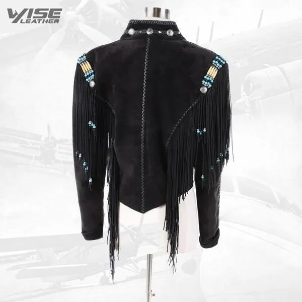 Black Buckskin Suede Leather Fringes Biker Jacket