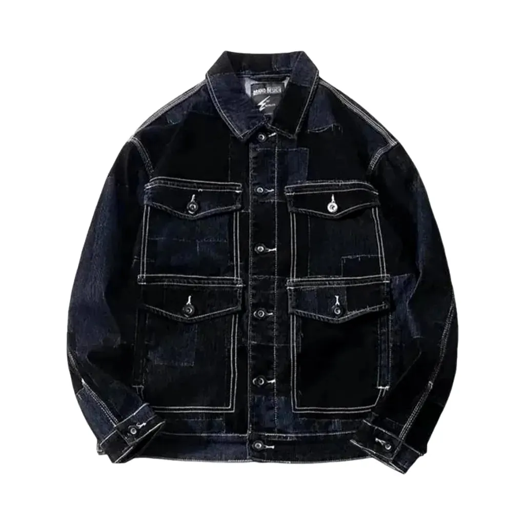 Cargo pockets trendy patchwork men's denim jacket