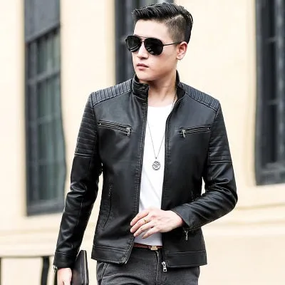 Casual Biker Zipper Solid Leather Jacket