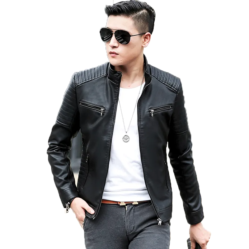 Casual Biker Zipper Solid Leather Jacket