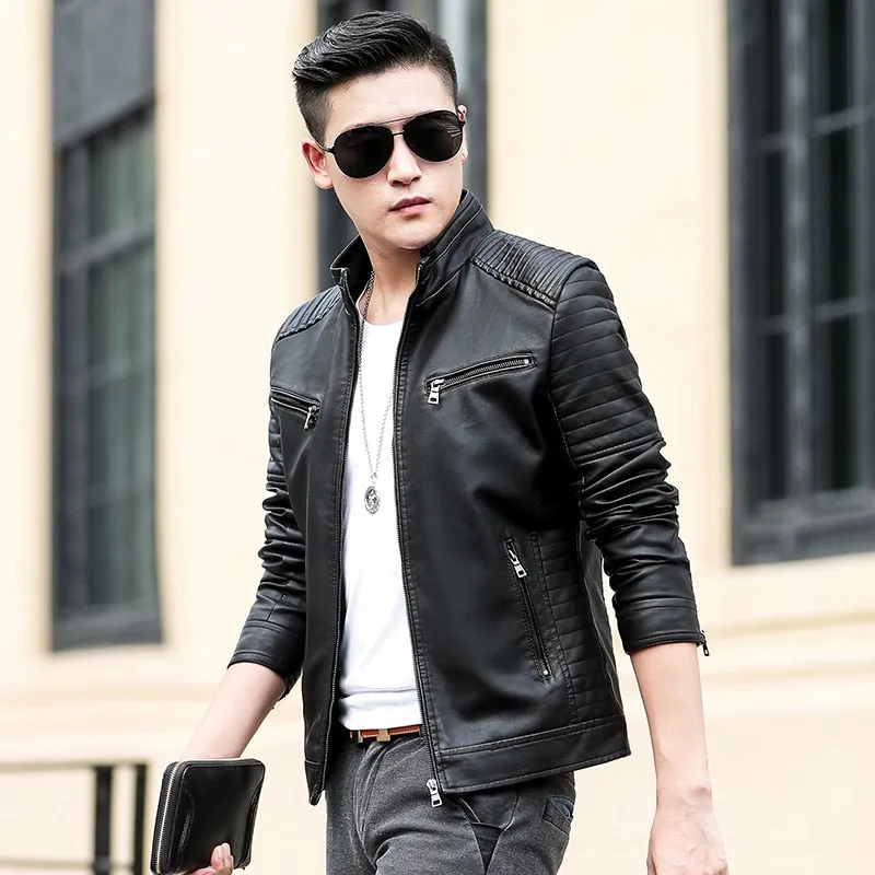 Casual Biker Zipper Solid Leather Jacket