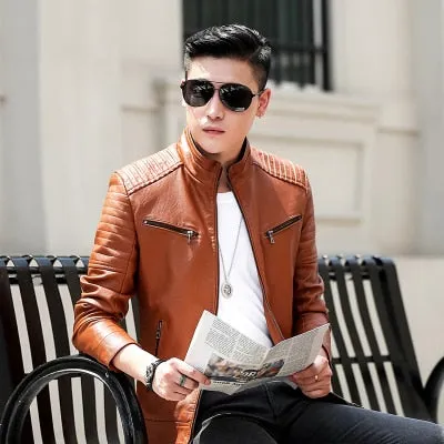 Casual Biker Zipper Solid Leather Jacket