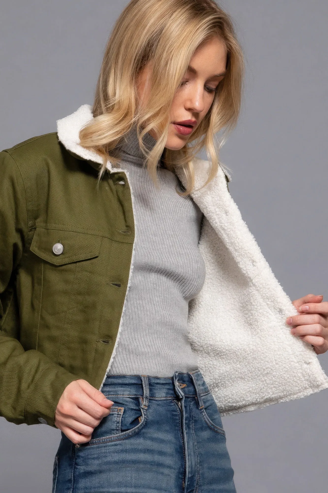 Cozy Button Closure Sherpa-Lined Twill Jacket in Olive | Fashion M&J