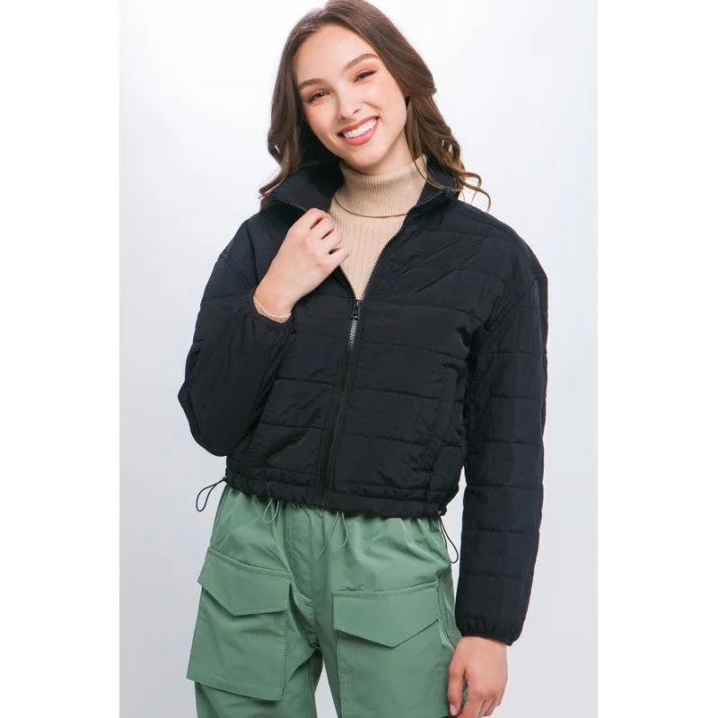 Crop Puffer Jacket with Waist Pull String