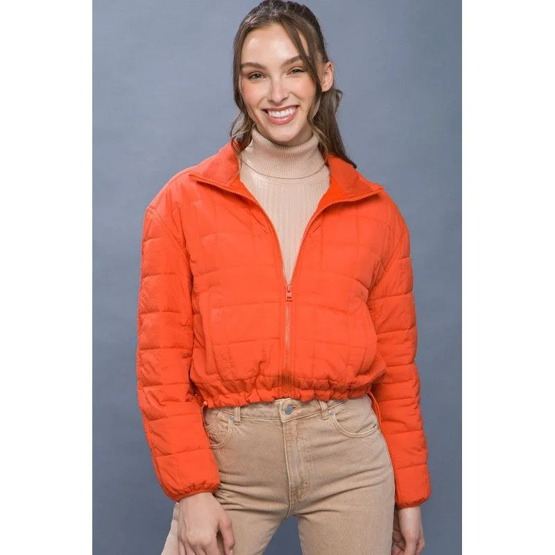 Crop Puffer Jacket with Waist Pull String