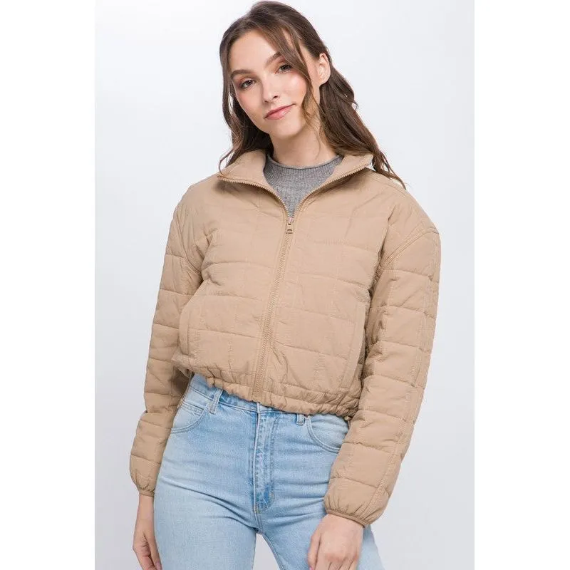 Crop Puffer Jacket with Waist Pull String