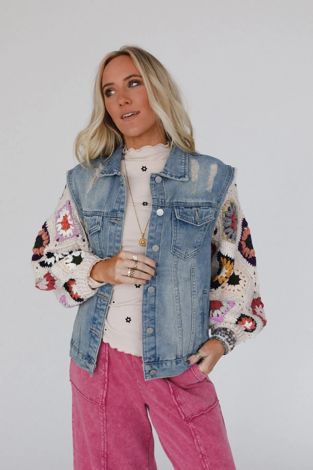 Diamond Blossom Denim Jacket - Beige