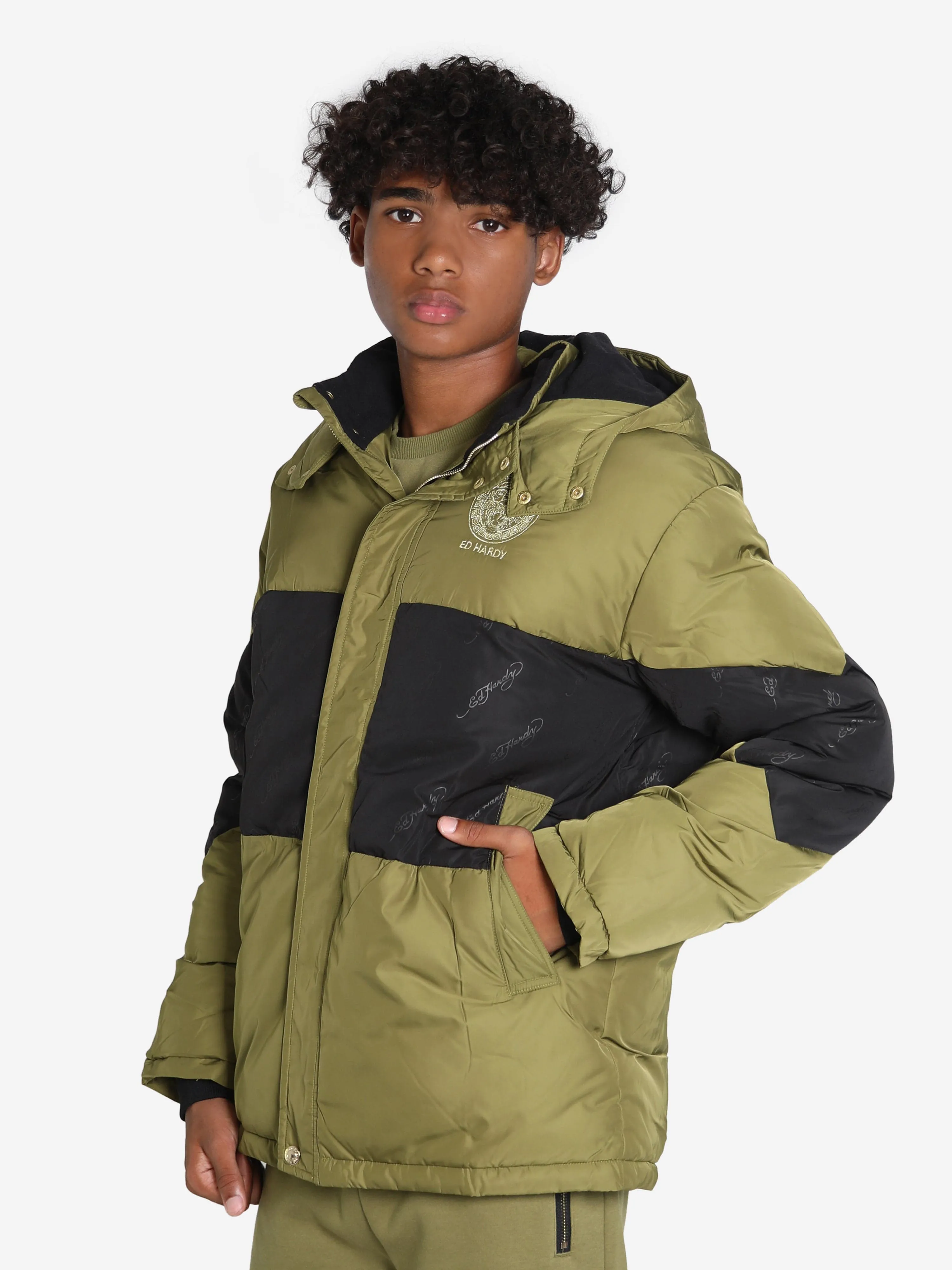 ED Hardy Boys Puffer Jacket in Green