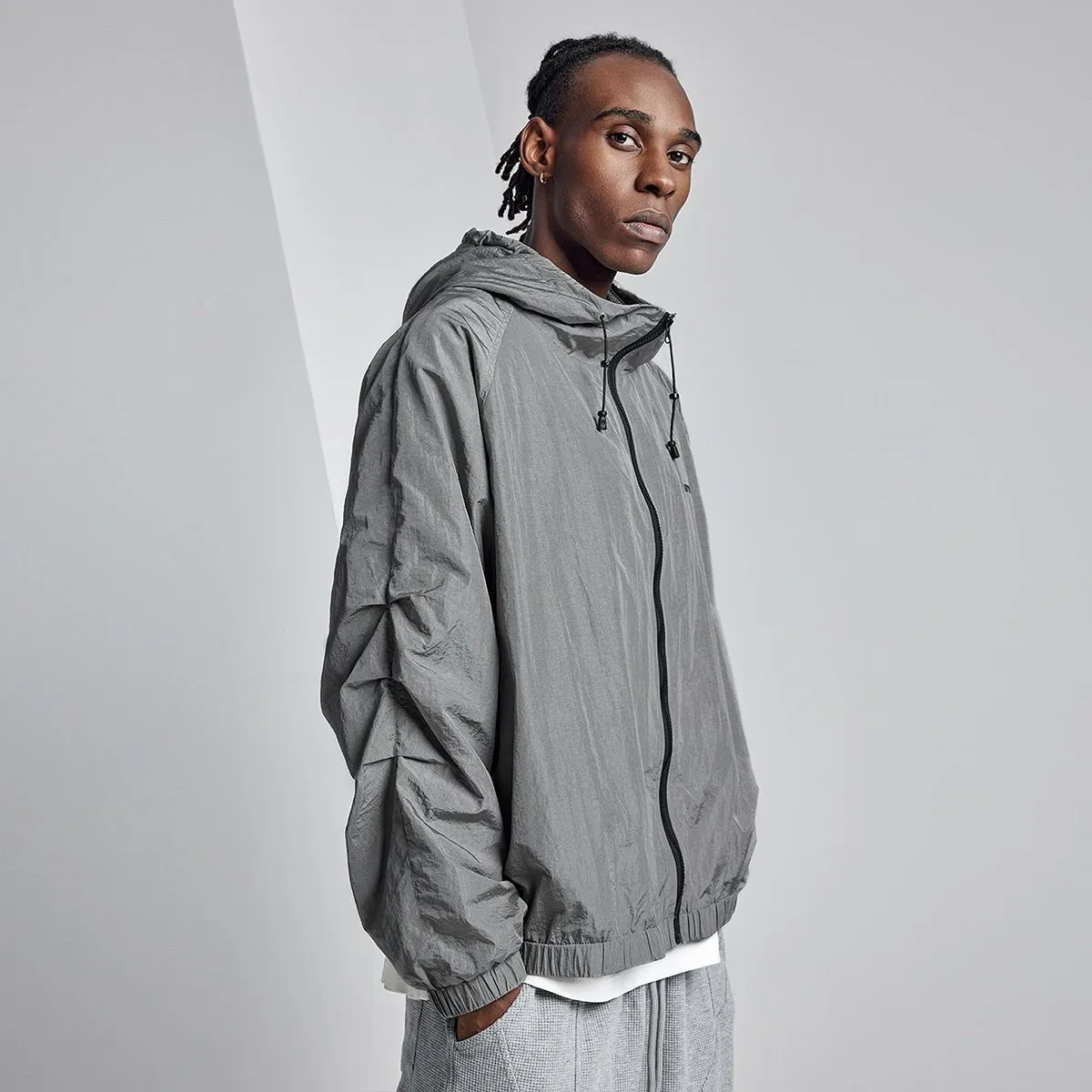 Extra Comfort Reflective Lightweight Grey Zip Hooded Windbreaker Jacket