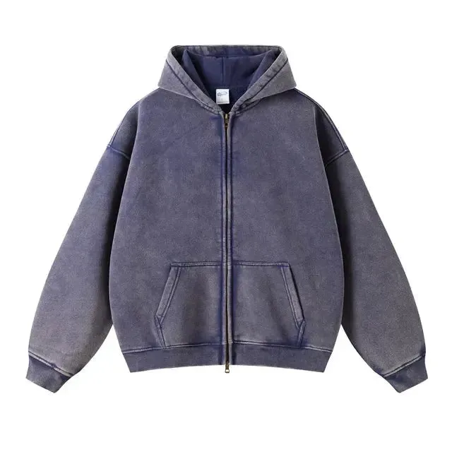 Faded Navy Blue Double Zip Up Hoodie