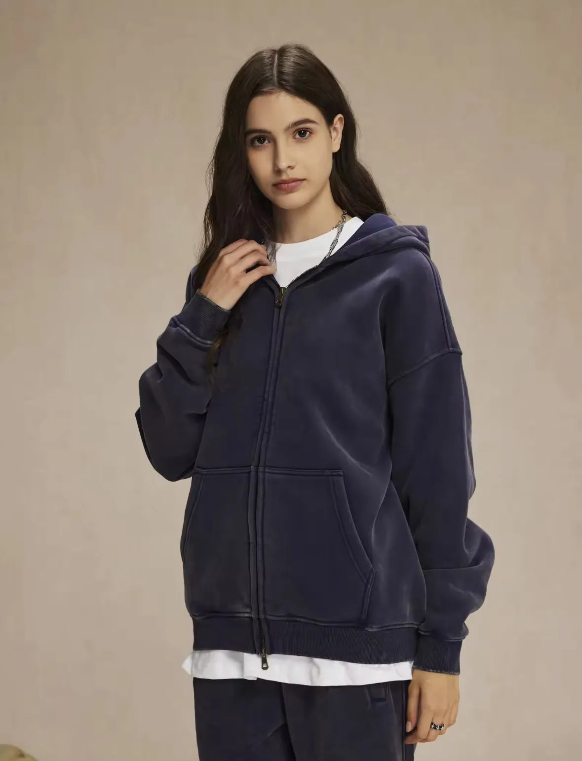 Faded Navy Blue Double Zip Up Hoodie