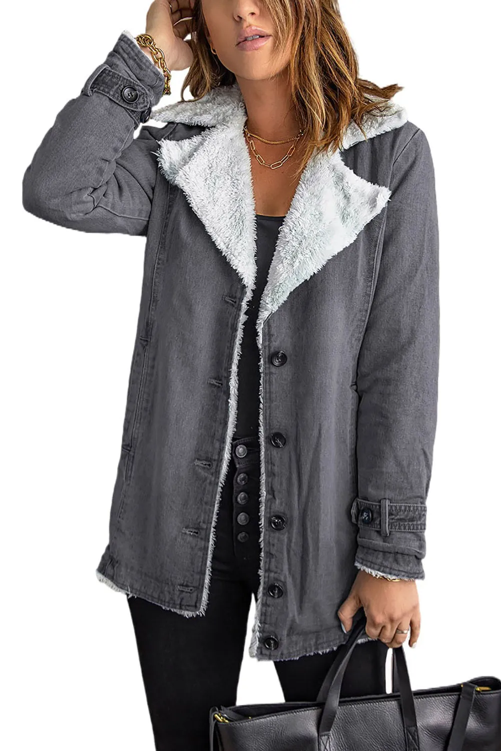 Fleece Lapel Collar Buttoned Jacket