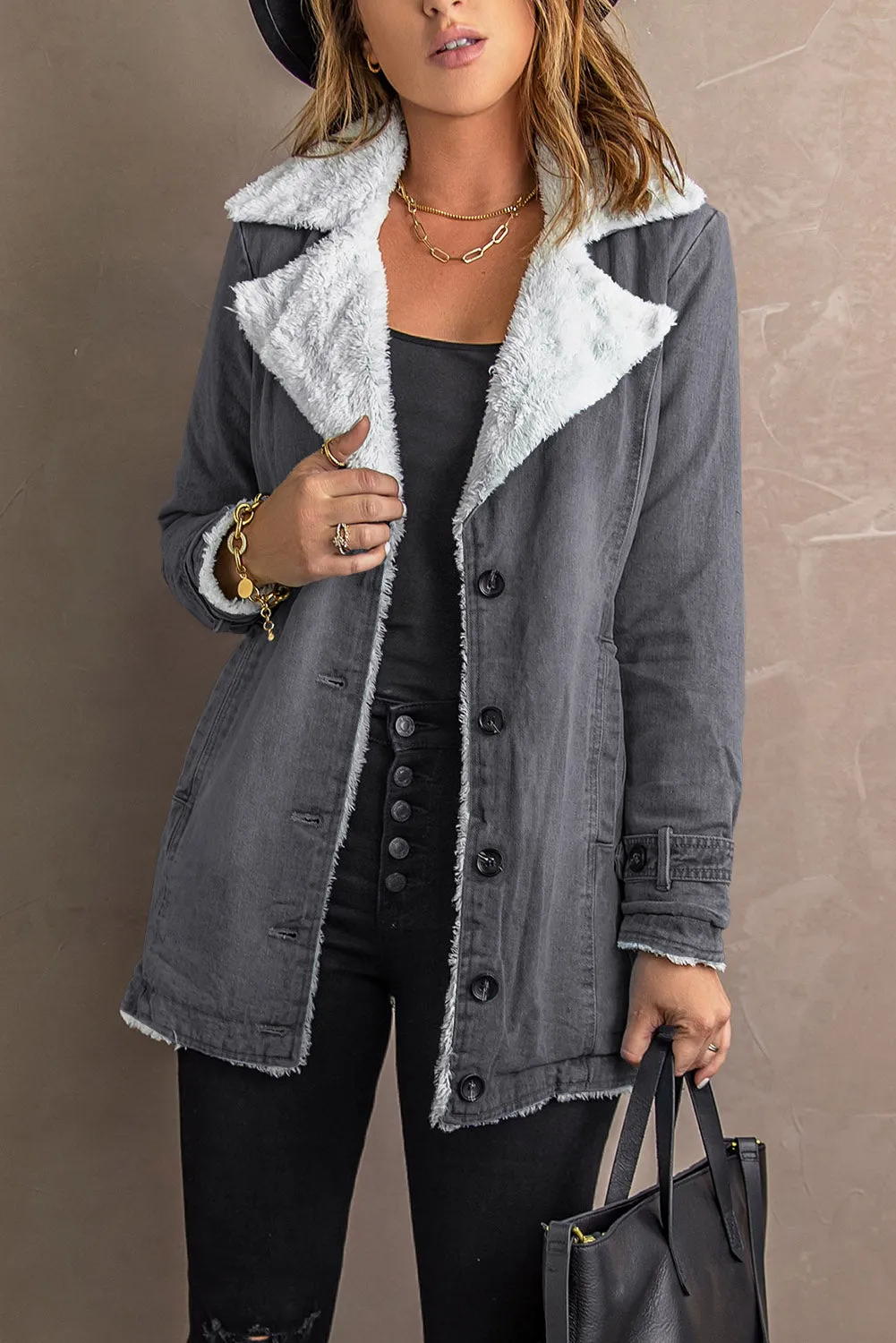 Fleece Lapel Collar Buttoned Jacket