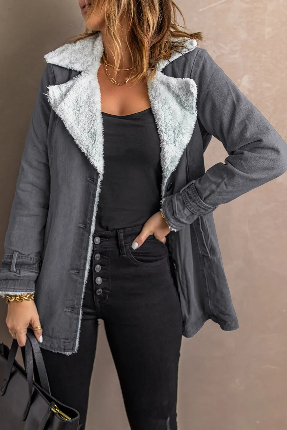 Fleece Lapel Collar Buttoned Jacket