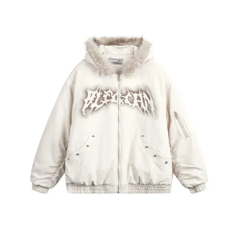 Fur Hooded Letter Printing Jacket