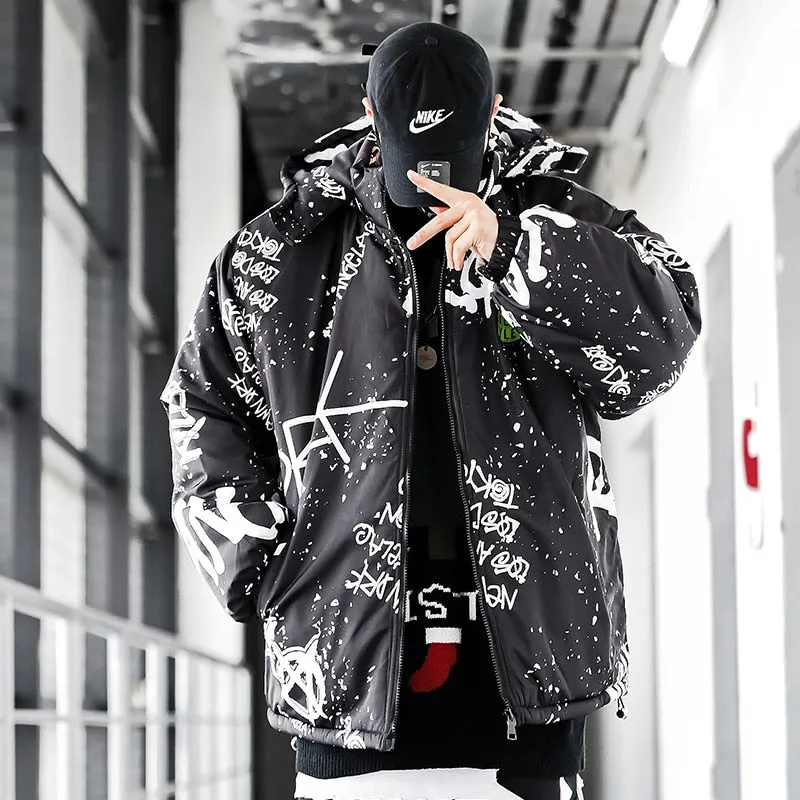 Graffiti Printed Loose Puff Jacket