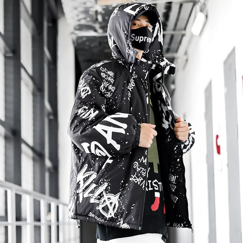 Graffiti Printed Loose Puff Jacket