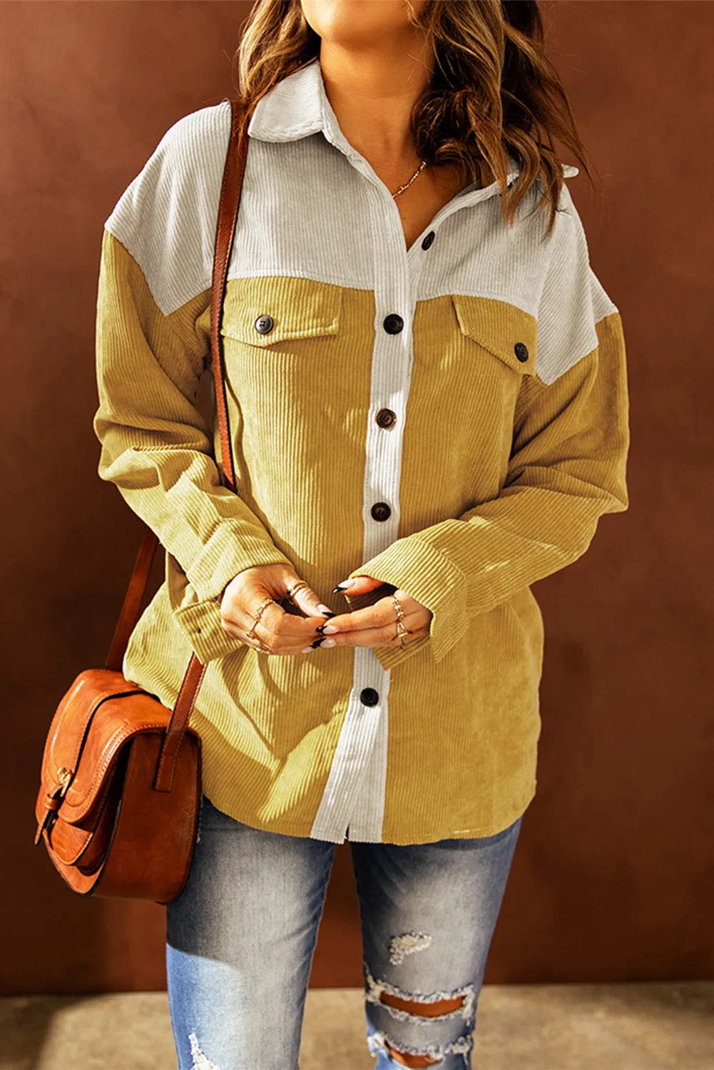 Gray Buttoned Color Block Corduroy Jacket