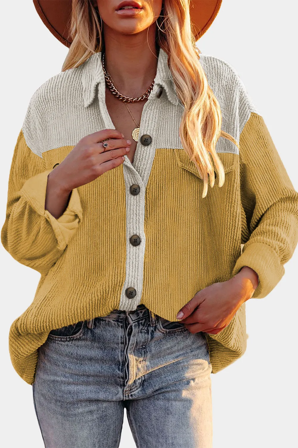 Gray Buttoned Color Block Corduroy Jacket