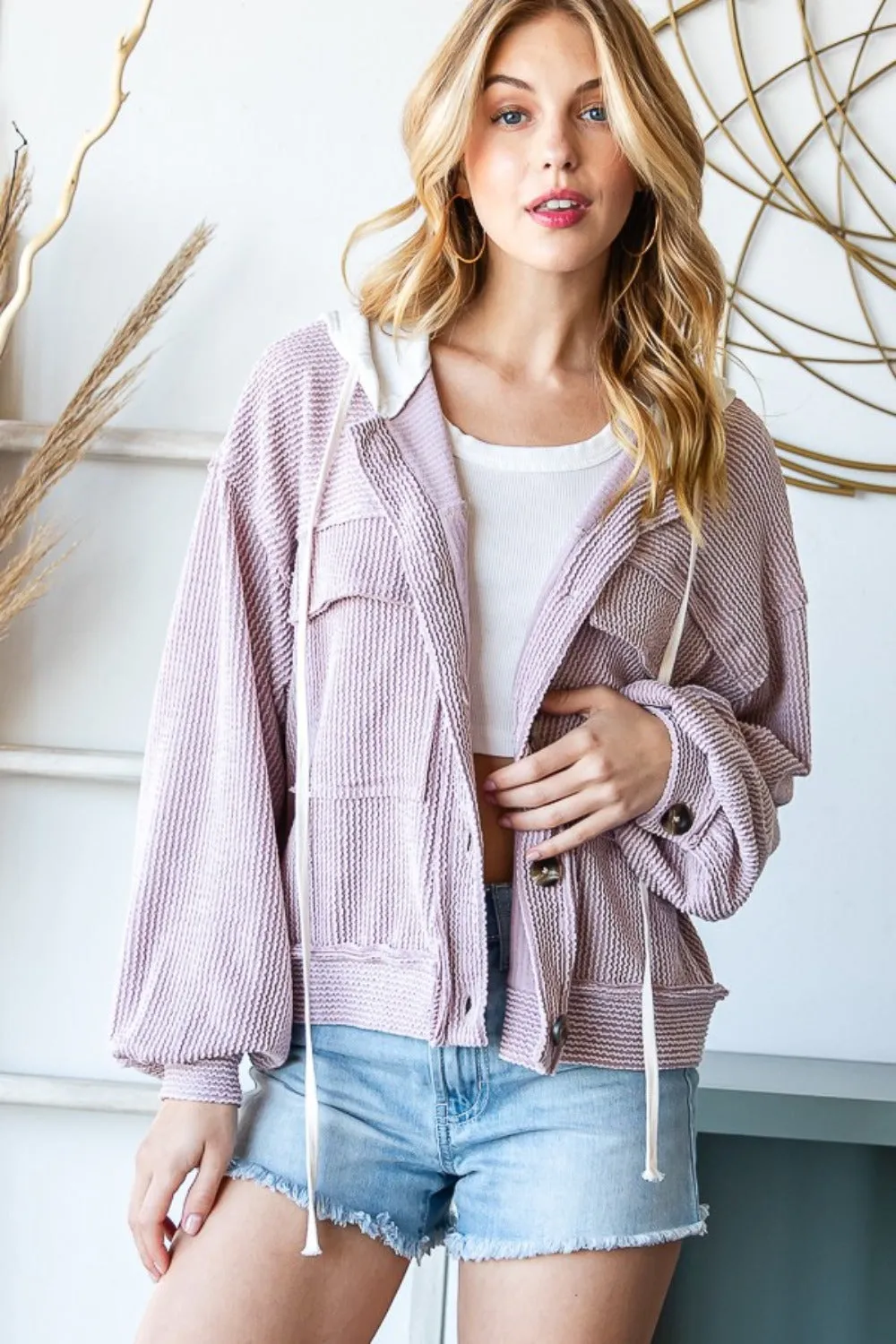 Hooded Button Down Ribbed Jacket