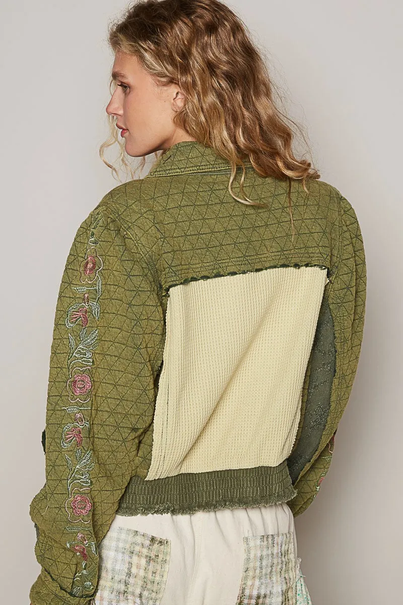 Hot Girl Embroidered Sleeve Raw Edge Quilted Jacket In Olive