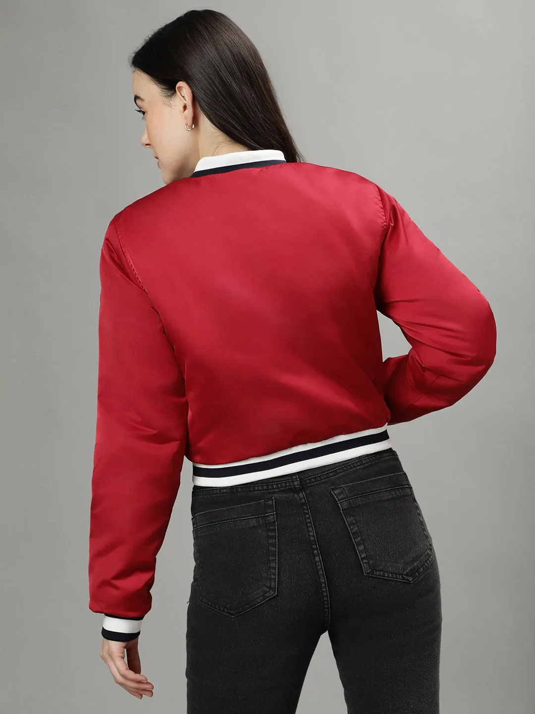 Iconic Women Red Solid Stand Collar Full Sleeves Jacket