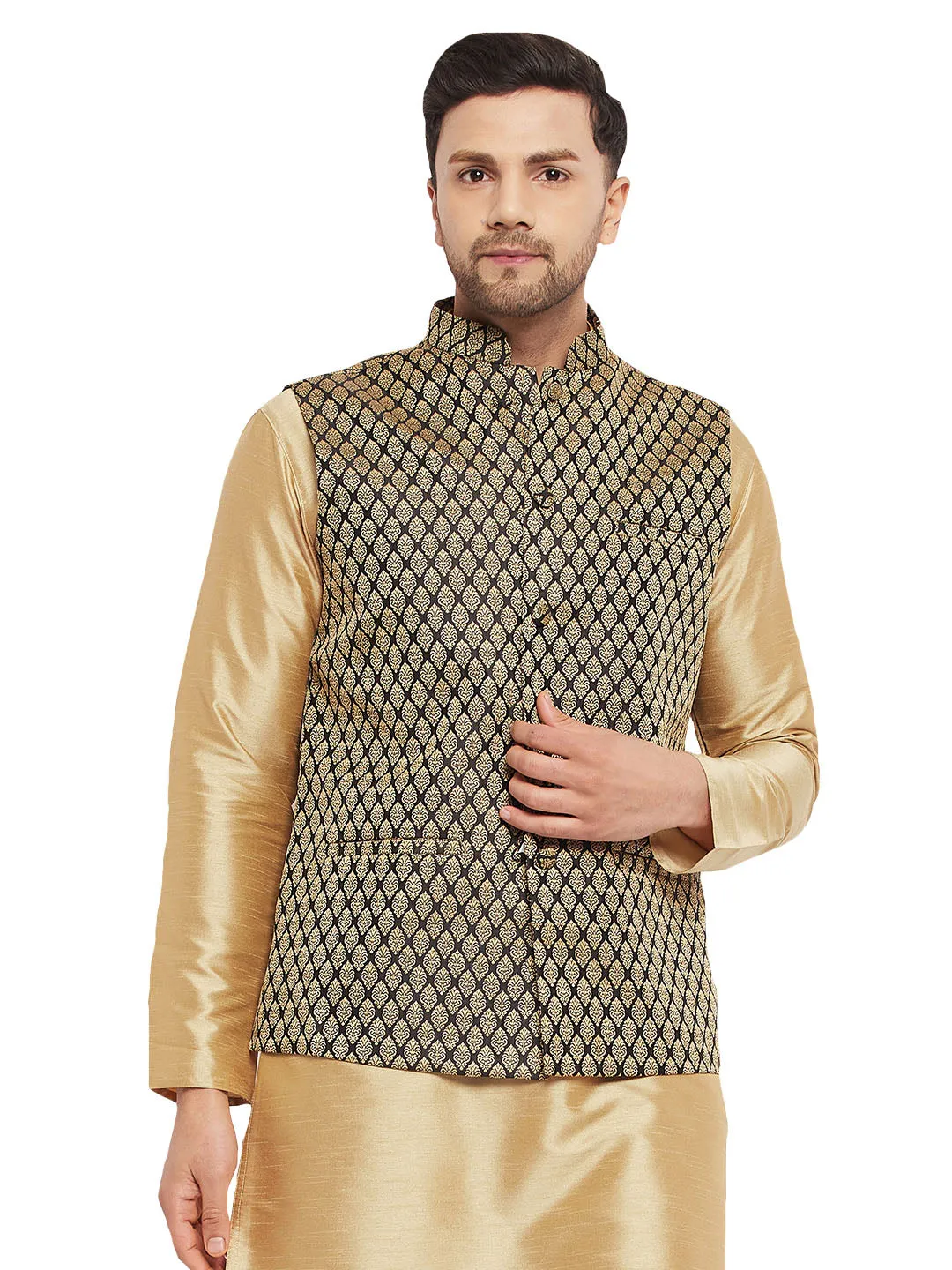 Jashvi Men's Black Cotton Silk Blend Ethnic Jacket