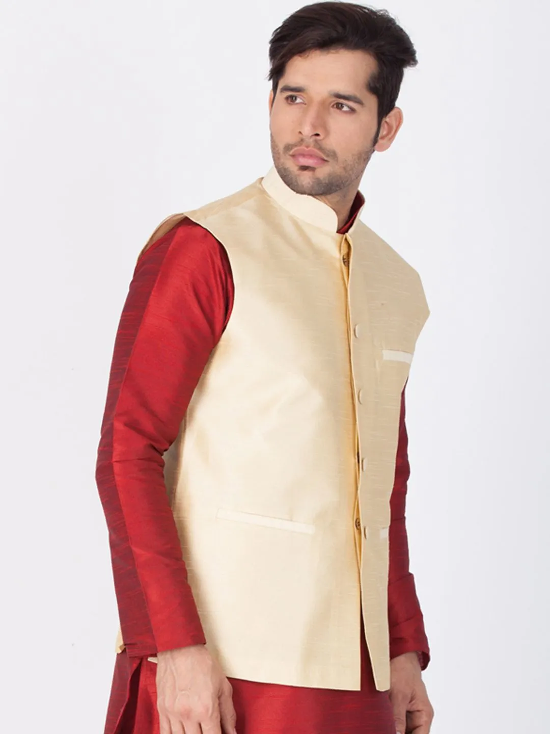 Jashvi Men's Gold Cotton Silk Blend Ethnic Jacket