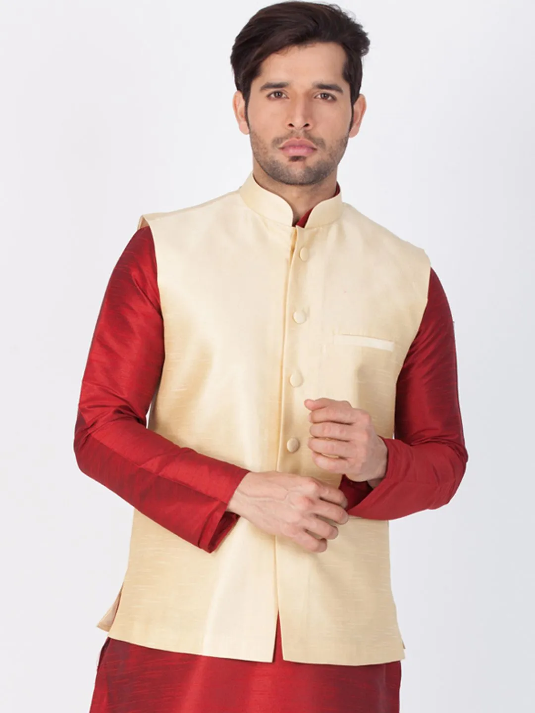 Jashvi Men's Gold Cotton Silk Blend Ethnic Jacket