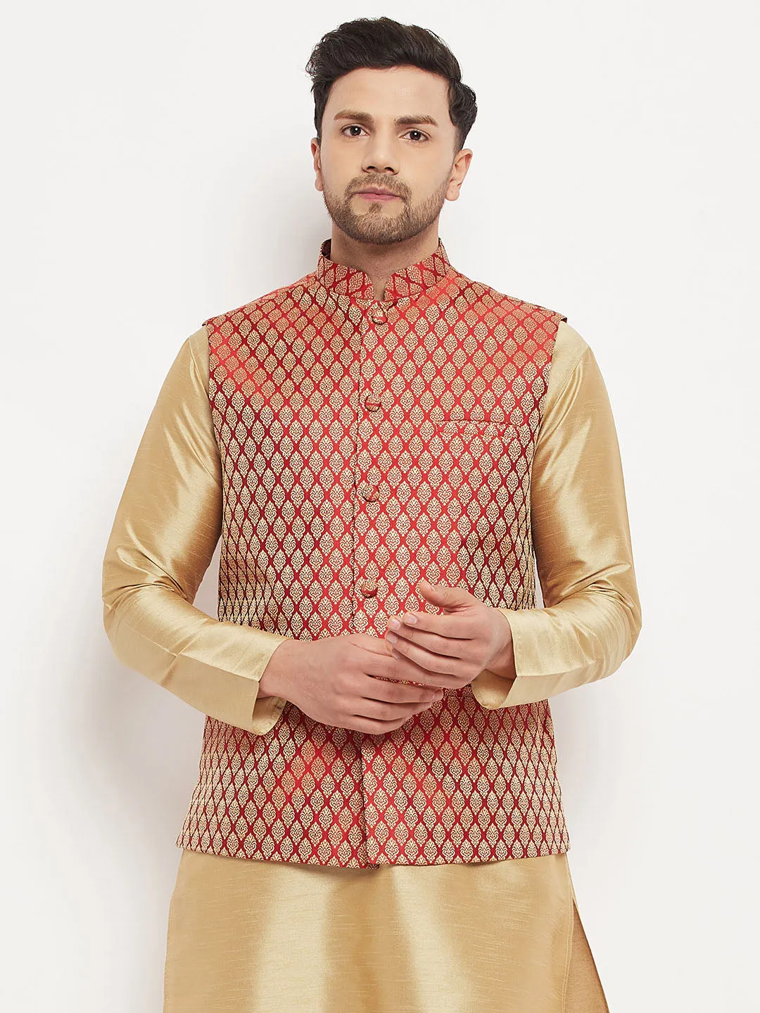 Jashvi Men's Maroon Cotton Silk Blend Ethnic Jacket