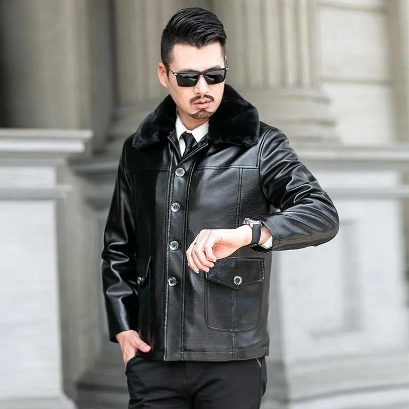 Lapel Fur Liner Leather Jacket Casual Men's Leather Jacket