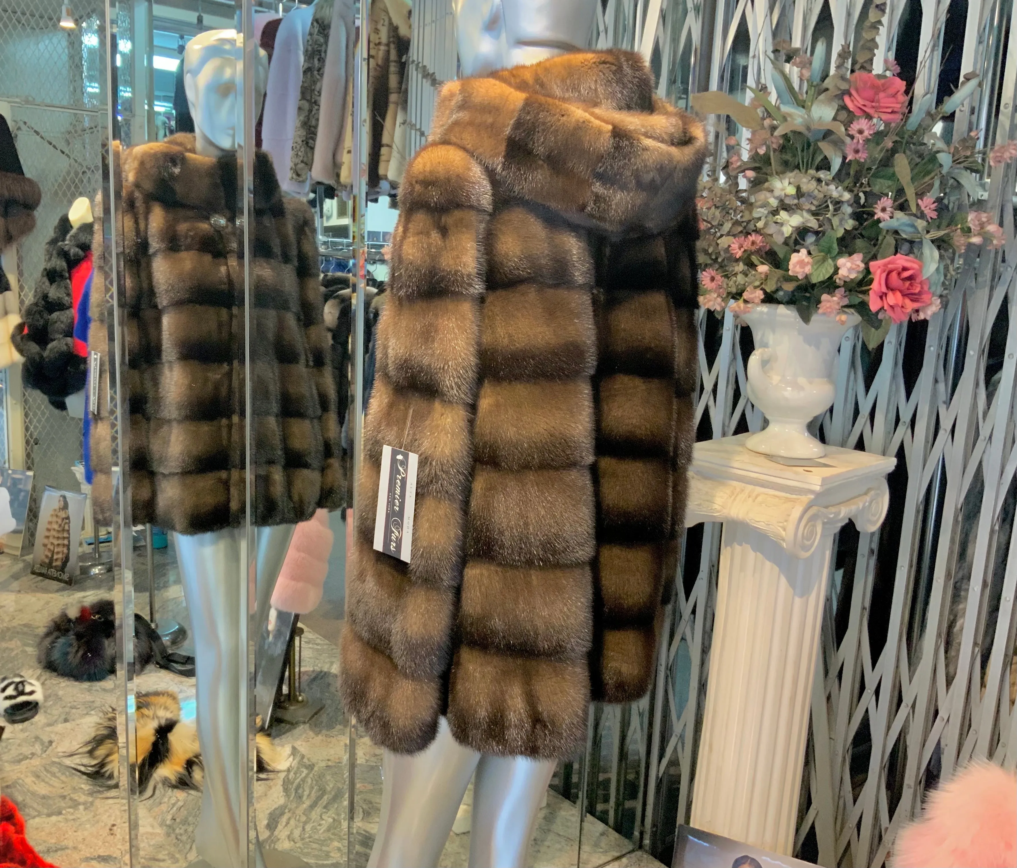 Mahogany Brown Honey Brown Two Tone Mink Fur Jacket with Hood