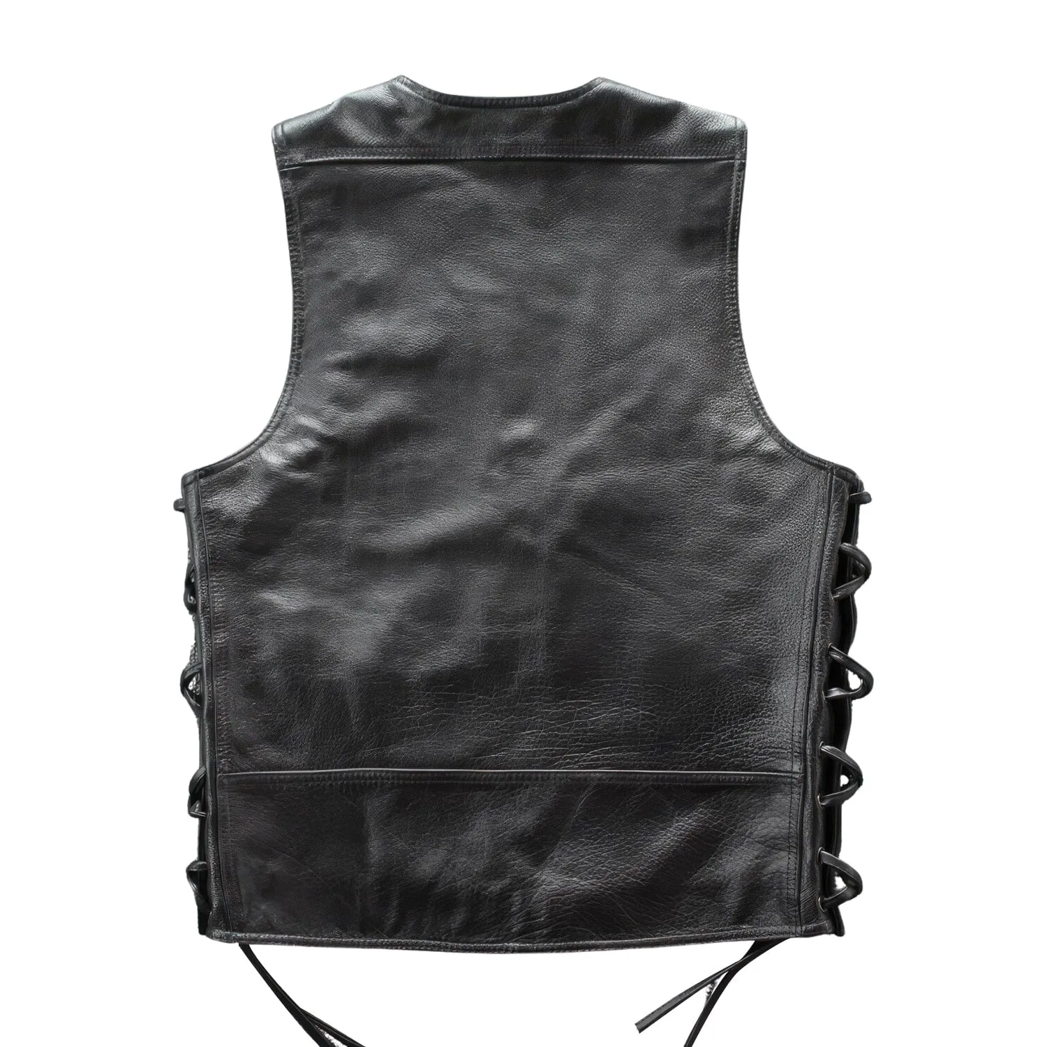 Men’s Black Biker Genuine Sheepskin Sleeveless Lace-Up Trendy Motorcycle Streetwear Punk Fashion Leather Waistcoat