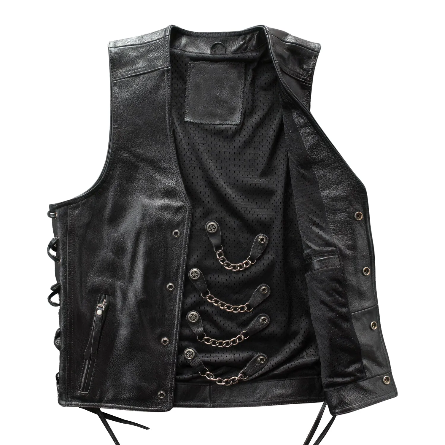 Men’s Black Biker Genuine Sheepskin Sleeveless Lace-Up Trendy Motorcycle Streetwear Punk Fashion Leather Waistcoat