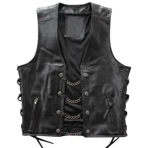 Men’s Black Biker Genuine Sheepskin Sleeveless Lace-Up Trendy Motorcycle Streetwear Punk Fashion Leather Waistcoat