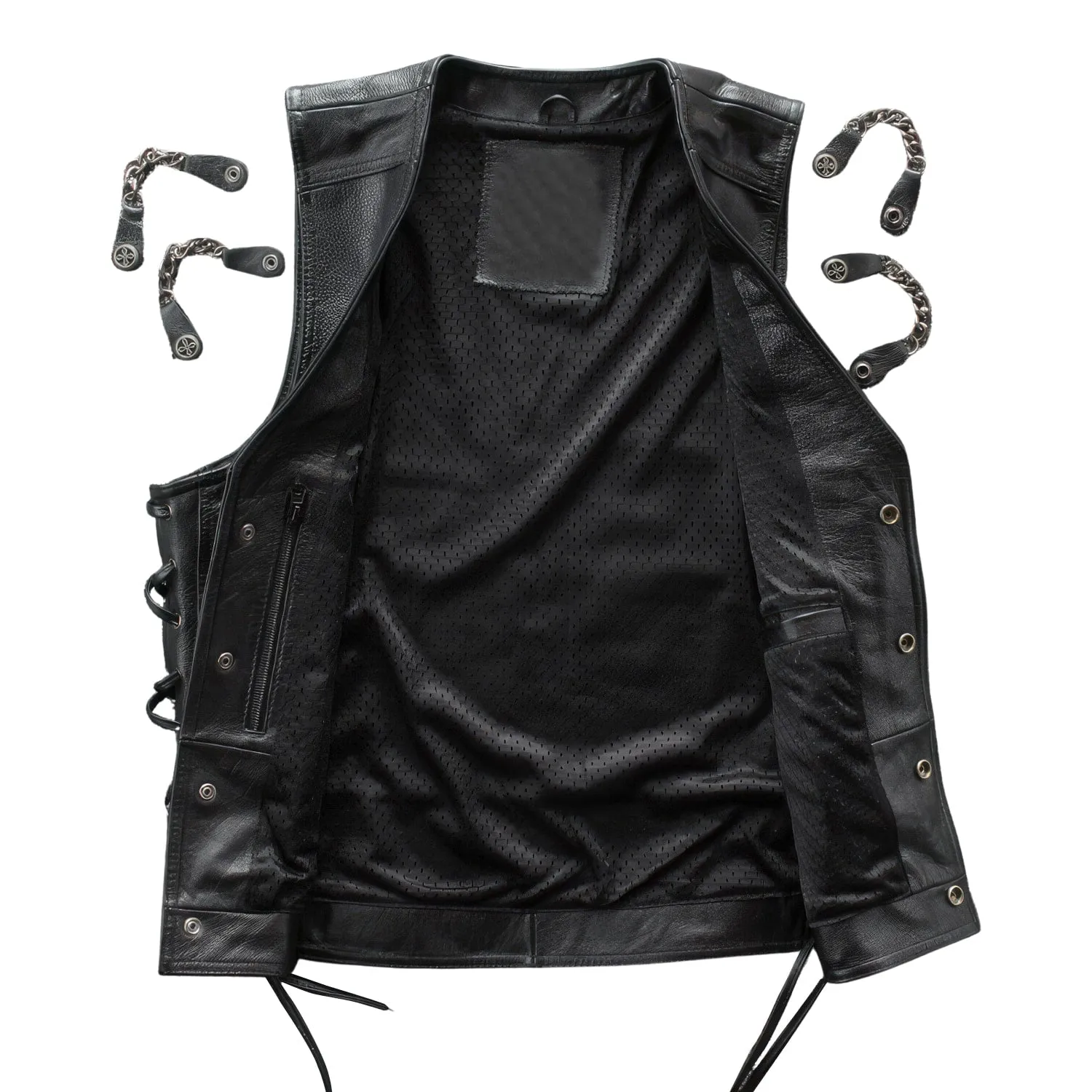 Men’s Black Biker Genuine Sheepskin Sleeveless Lace-Up Trendy Motorcycle Streetwear Punk Fashion Leather Waistcoat