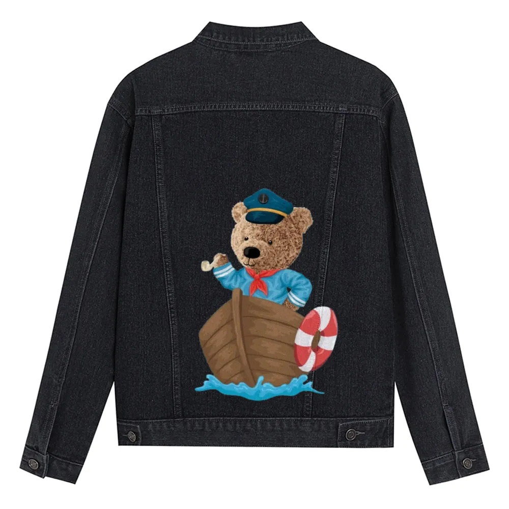 Mens Vintage Cartoon Cute Bear Navy Ship Prints Denim Jacket