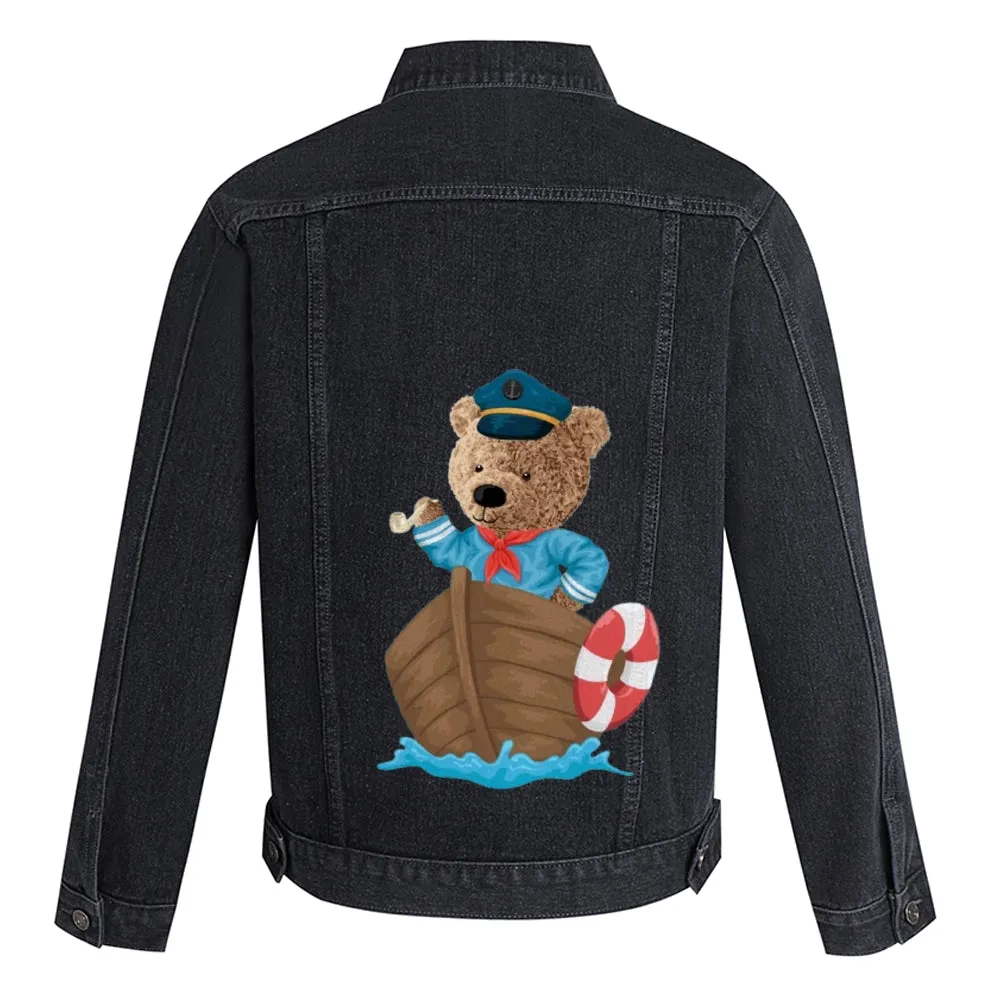 Mens Vintage Cartoon Cute Bear Navy Ship Prints Denim Jacket