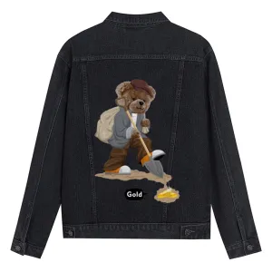 Mens Vintage Cartoon Cute Gold Diger Bear Prints Denim Jacket