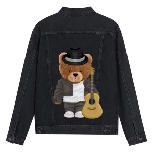 Mens Vintage Cartoon Cute Guitarist Bear Prints Denim Jacket