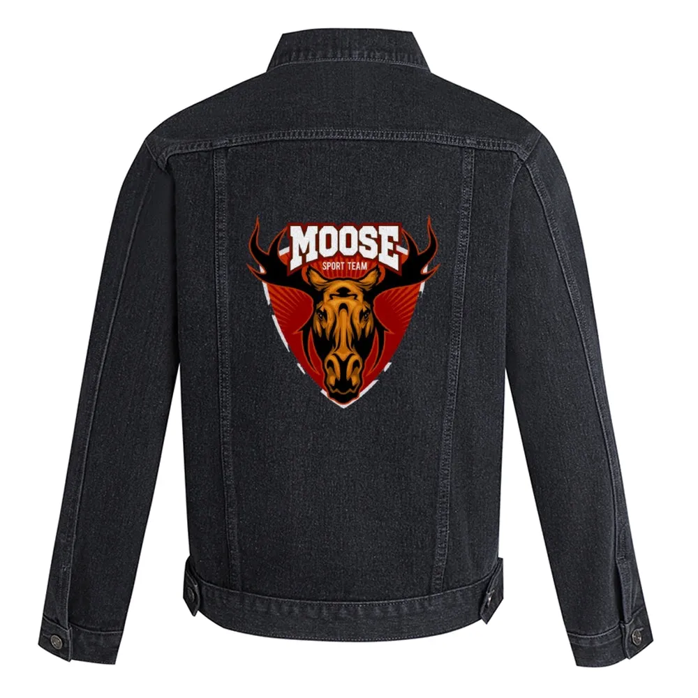 Mens Vintage Cartoon Prints MOOSE SPORT TEAM Denim Jacket