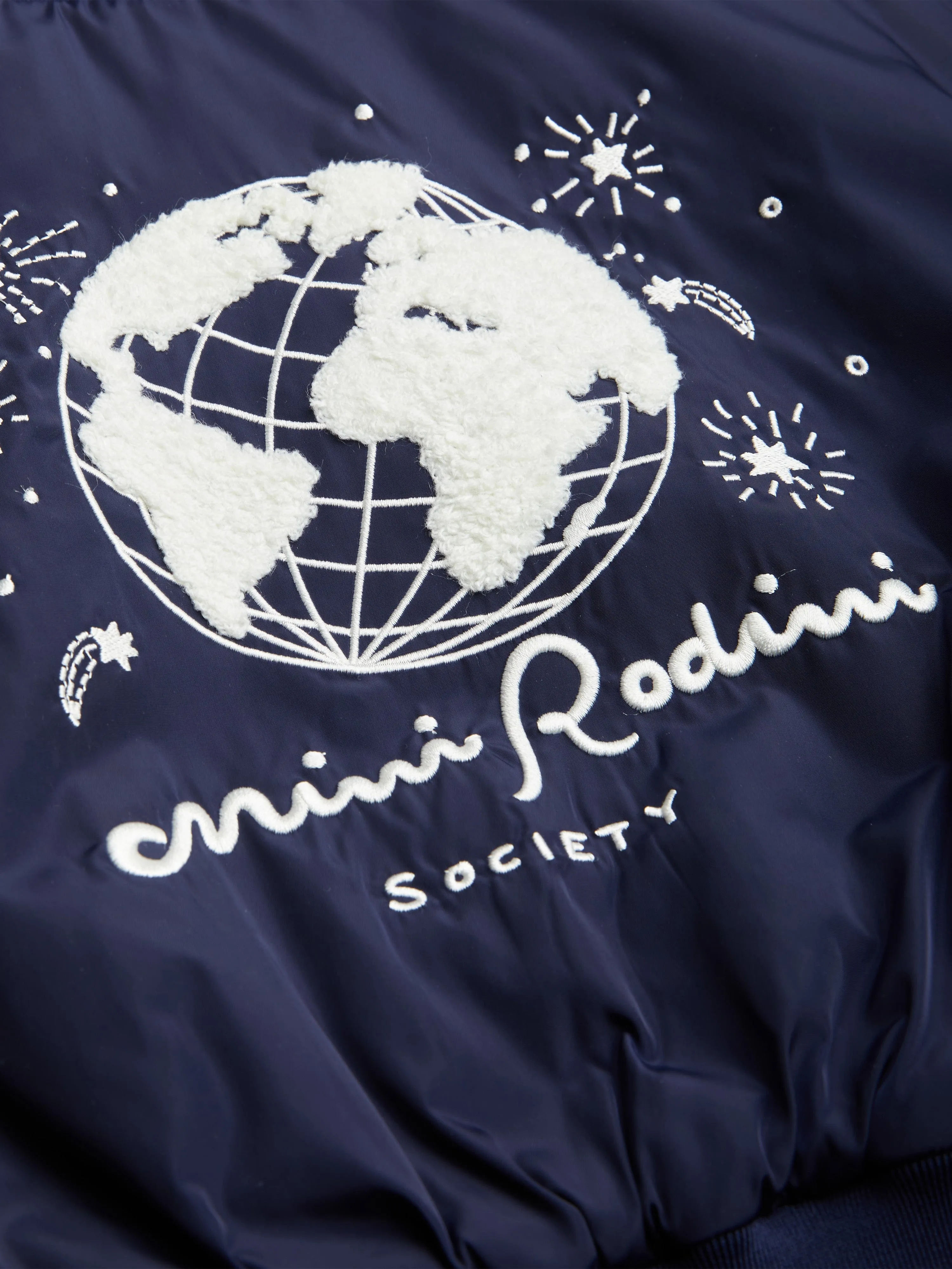 Mini Rodini Kids Society Embroidered Baseball Jacket in Blue