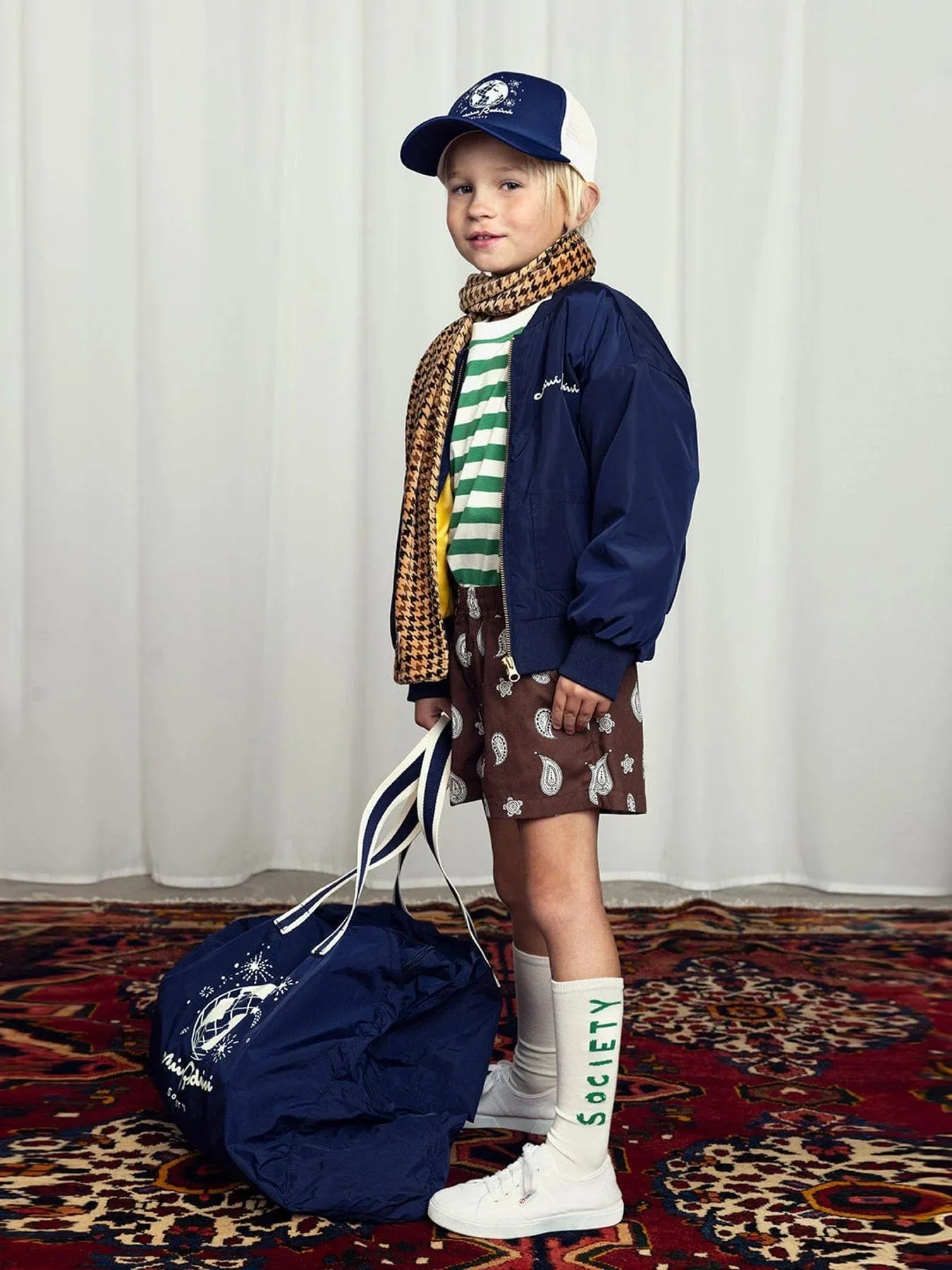 Mini Rodini Kids Society Embroidered Baseball Jacket in Blue