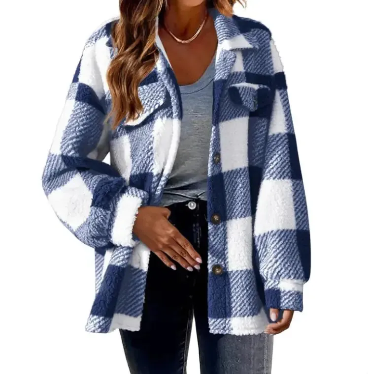 Plush Plaid Women's Autumn And Winter Open Button Lapel Thermal Plaid Pattern Jacket