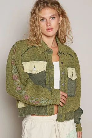 POL Quilted Jacket Cotton Women Embroidered Sleeve Raw Edge Pocketed