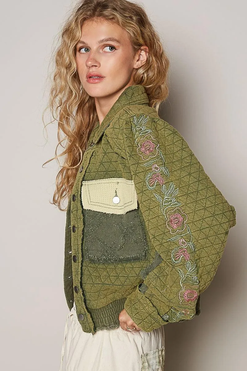 POL Quilted Jacket Cotton Women Embroidered Sleeve Raw Edge Pocketed