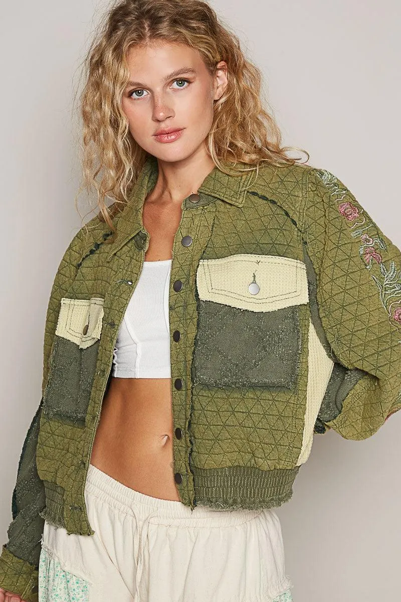 POL Quilted Jacket Cotton Women Embroidered Sleeve Raw Edge Pocketed