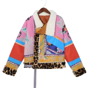 Purpdrank - Autumn Winter New Coat Women Down Jacket National Style Coats Street Short Print Warm Leopard Chic Patchwork Padded Jacket