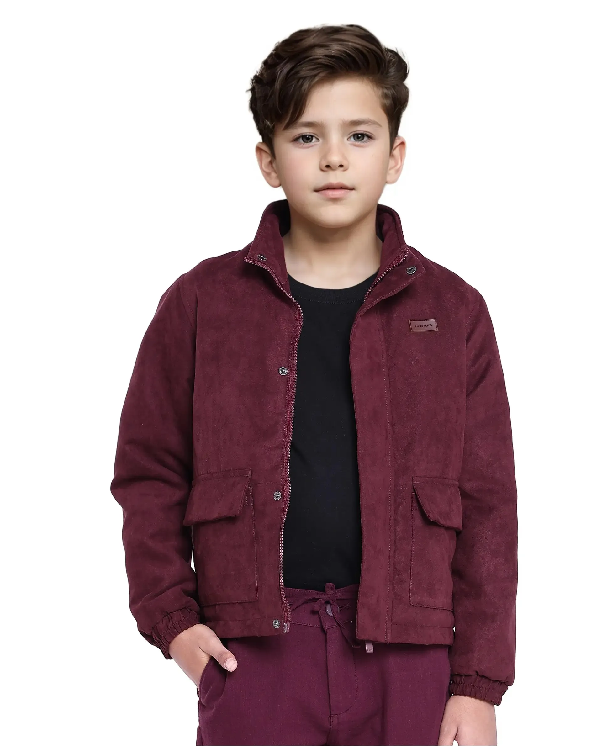 Rare Ones Kids Katpil Maroon Polyester Full Sleeve Solid Jacket